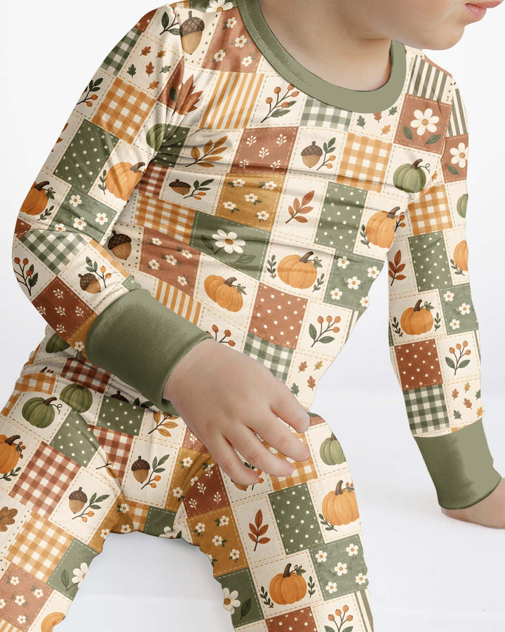 Vintage Fall Gingham Pumpkin Patchwork Bamboo Two Piece Long Sleeve Pajama Set