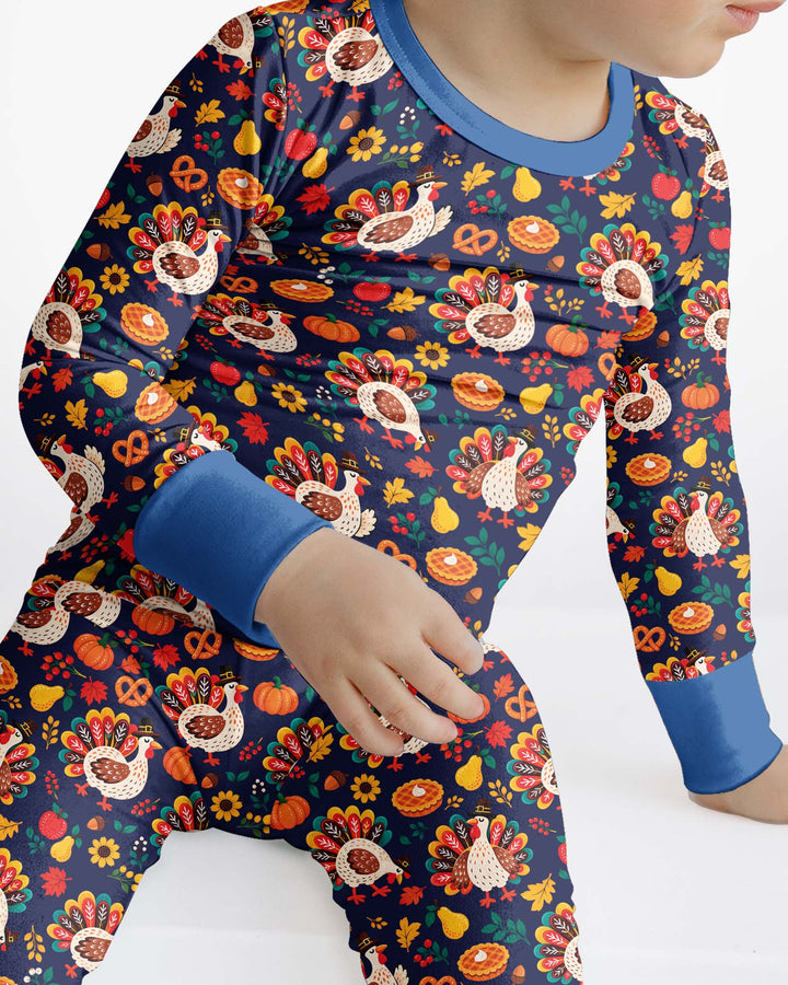 Festive Turkey Fall Harvest Bamboo Two Piece Long Sleeve Pajama Set