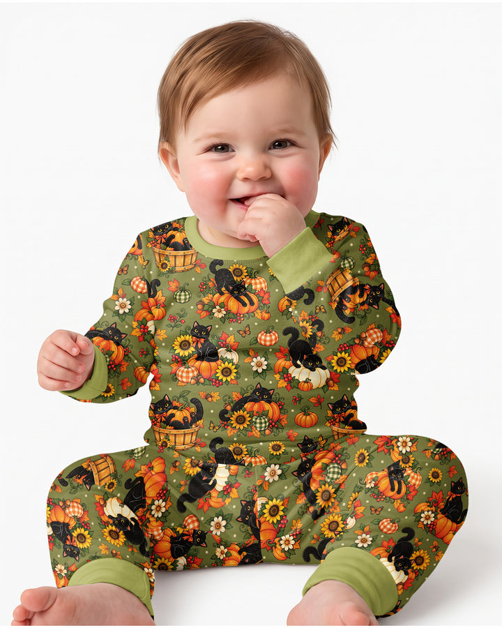 Vintage Black Cat Pumpkin Fall Bamboo Two Piece Long Sleeve Pajama Set