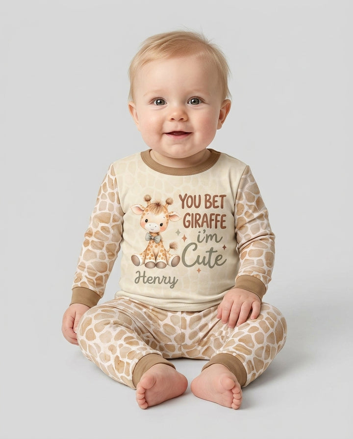 Personalized You Bet Giraffe I'm Cute Bamboo Two Piece Long Sleeve Pajama Set