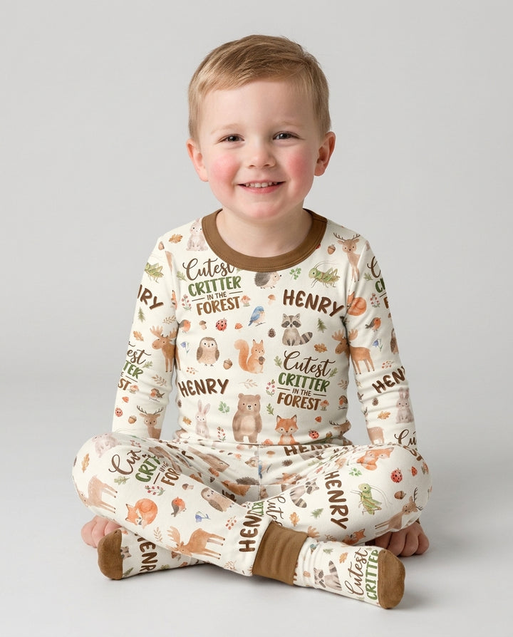 Custom Name Cutest Critter In The Forest Bamboo Two Piece Long Sleeve Pajama Set