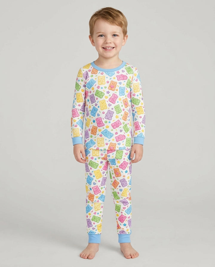 Cute Pastel Colorful Gummy Bears Bamboo Two Piece Long Sleeve Pajama Set