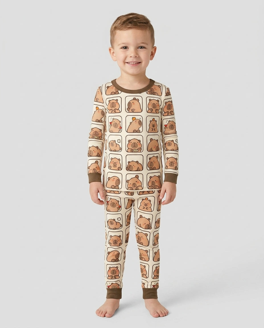 Cute Capy Faces Bamboo Two Piece Long Sleeve Pajama Set