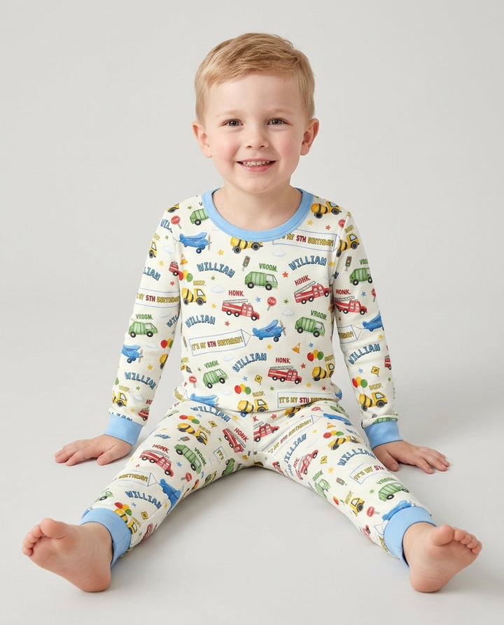 Personalized Transportation Birthday Bamboo Two Piece Long Sleeve Pajama Set