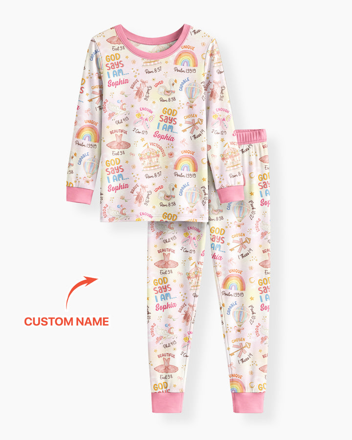 God Says I Am- Ballerina Custom Name Bamboo Two Piece Long Sleeve Pajama Set