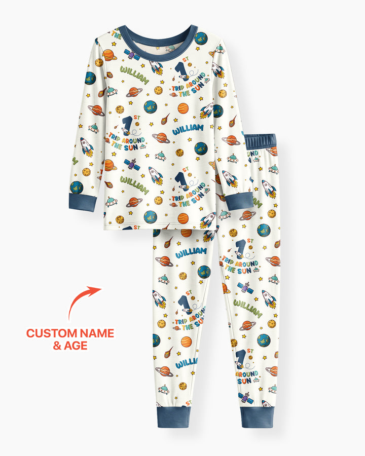 Birthday Trip Around The Sun Custom Name & Age Bamboo Two Piece Long Sleeve Pajama Set
