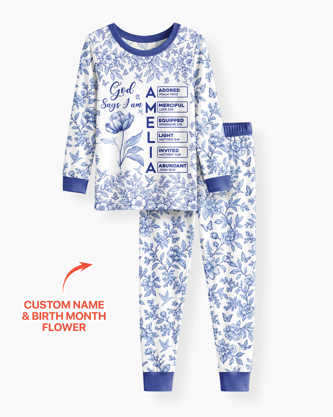 God Says I Am Letter In Bible Birth Flower Toile De Jouy  Bamboo Two Piece Long Sleeve Pajama Set
