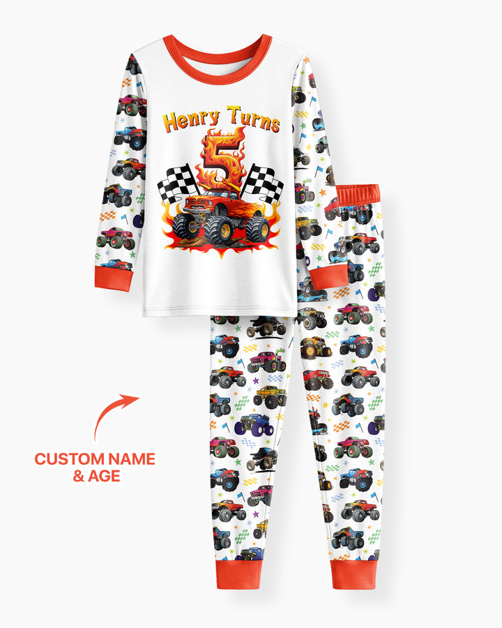 Monster Truck Birthday Boy Custom Name & Age Bamboo Two Piece Long Sleeve Pajama Set
