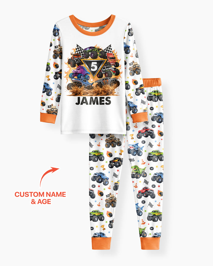 Personalized Monster Trucks Birthday Boy Bamboo Two Piece Long Sleeve Pajama Set