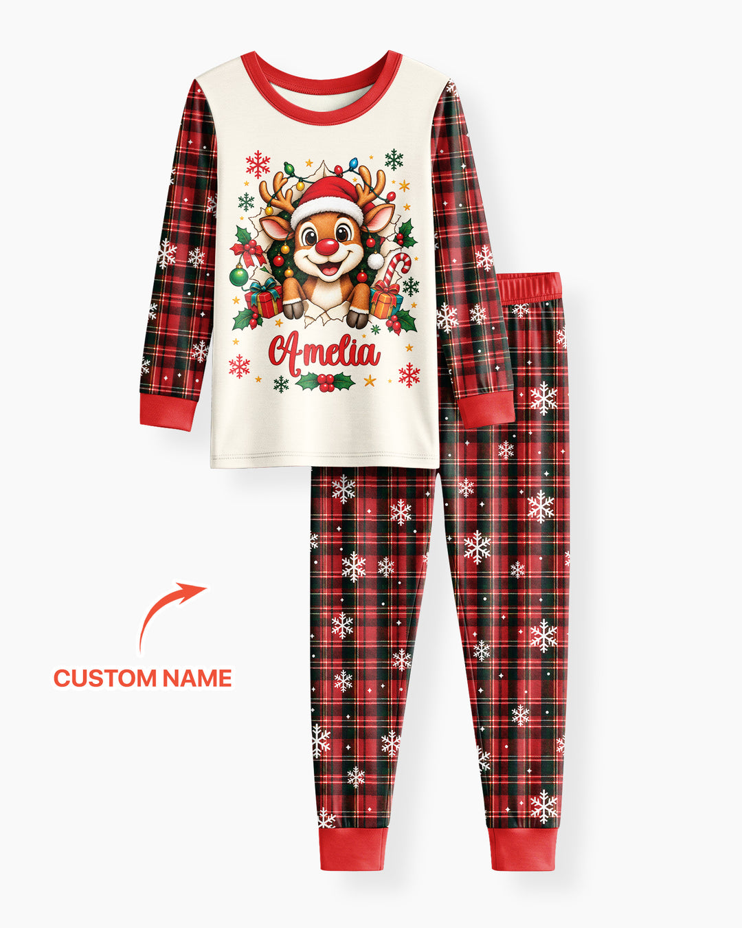 Cute Reindeer in Santa Hat Bamboo Two Piece Long Sleeve Pajama Set