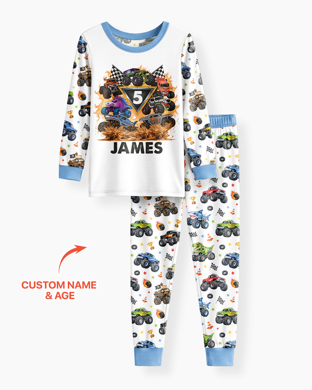 Personalized Monster Trucks Birthday Boy Bamboo Two Piece Long Sleeve Pajama Set