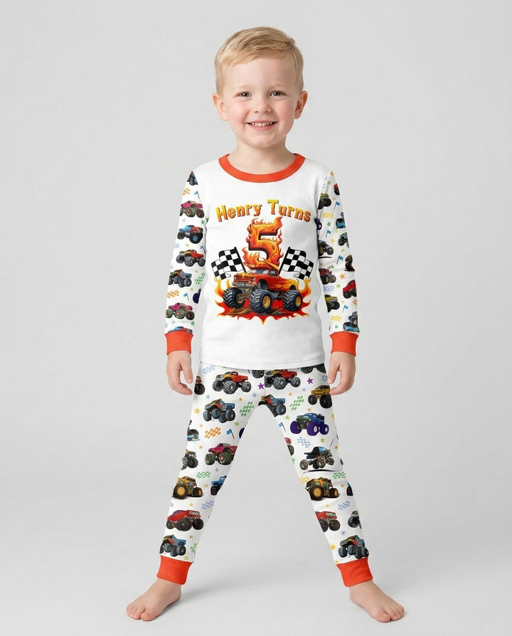 Monster Truck Birthday Boy Custom Name & Age Bamboo Two Piece Long Sleeve Pajama Set