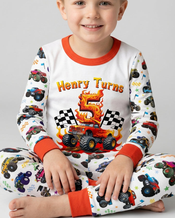 Monster Truck Birthday Boy Custom Name & Age Bamboo Two Piece Long Sleeve Pajama Set