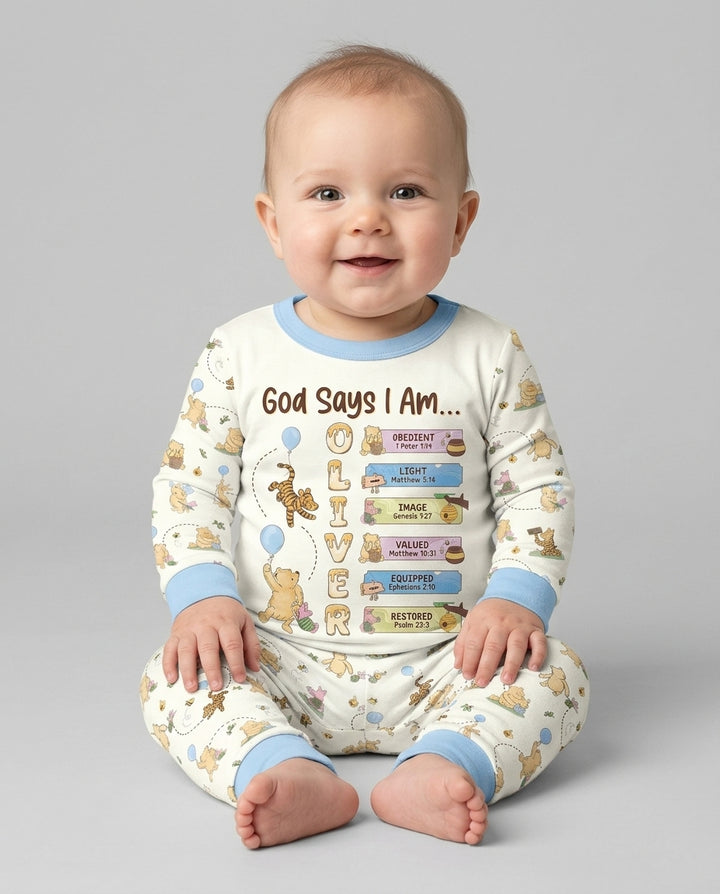 God Says I Am - Blessing Bear Bamboo Two Piece Long Sleeve Pajama Set