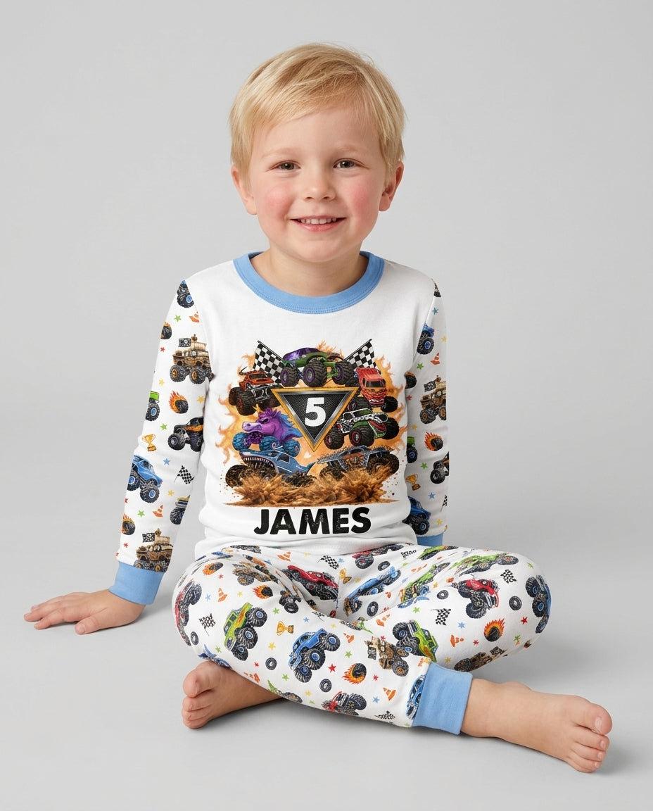 Personalized Monster Trucks Birthday Boy Bamboo Two Piece Long Sleeve Pajama Set