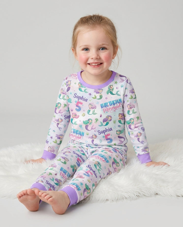 Custom Name and Age Birthday Mermaid Bamboo Two Piece Long Sleeve Pajama Set