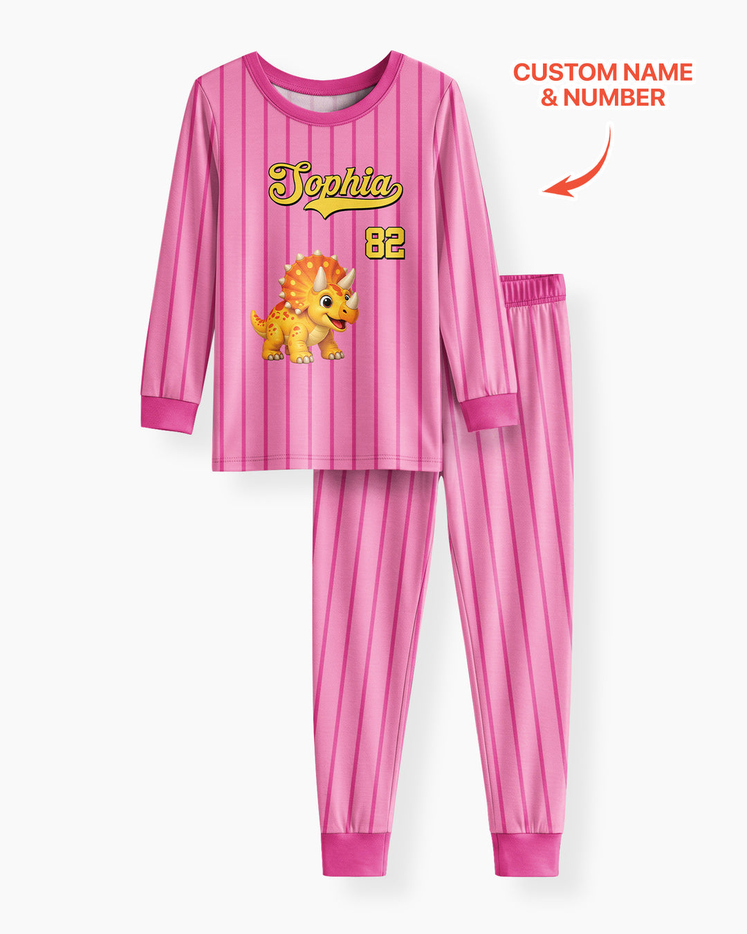 Personalized Retro Stripe Dinosaur T-Rex Bamboo Two Piece Long Sleeve Pajama Set