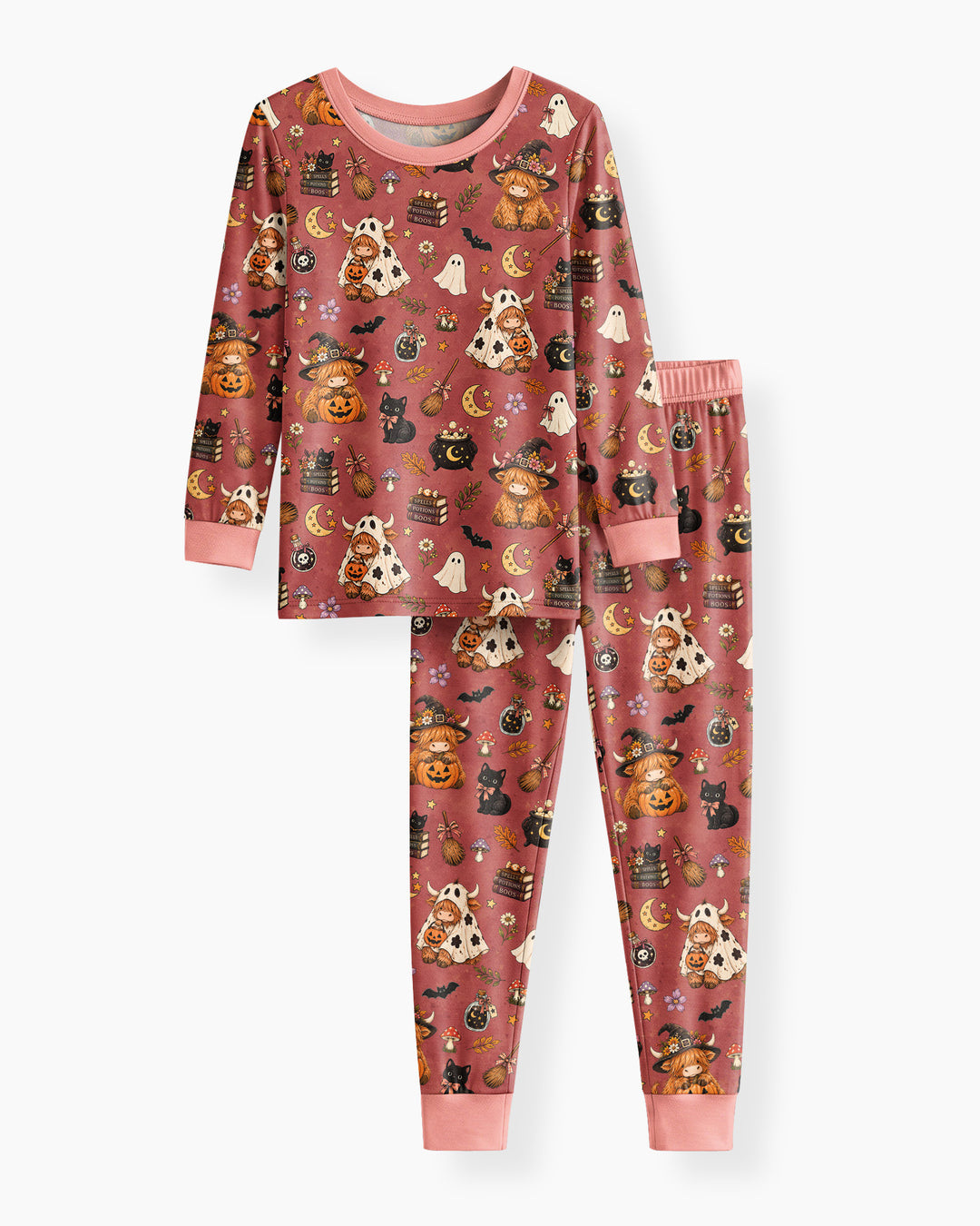 Vintage Highland Cow Halloween Bamboo Two Piece Long Sleeve Pajama Set
