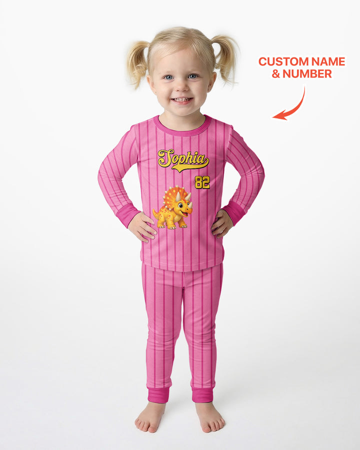 Personalized Retro Stripe Dinosaur T-Rex Bamboo Two Piece Long Sleeve Pajama Set