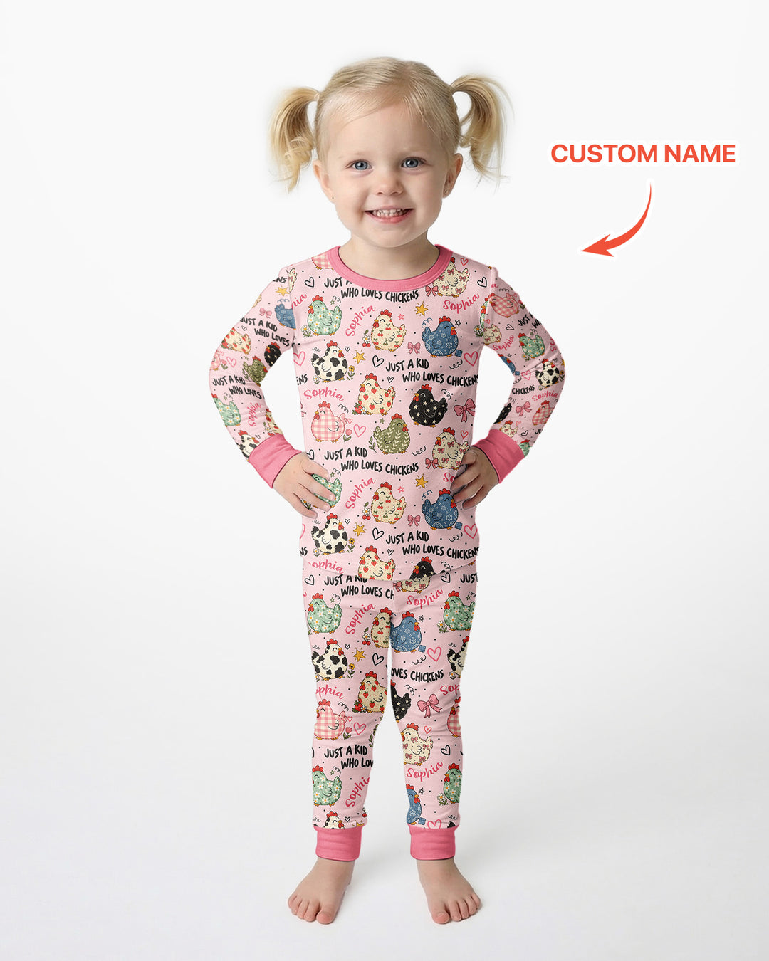 Custom Name Just A Kid Who Loves Chickens Bamboo Two Piece Long Sleeve Pajama Set