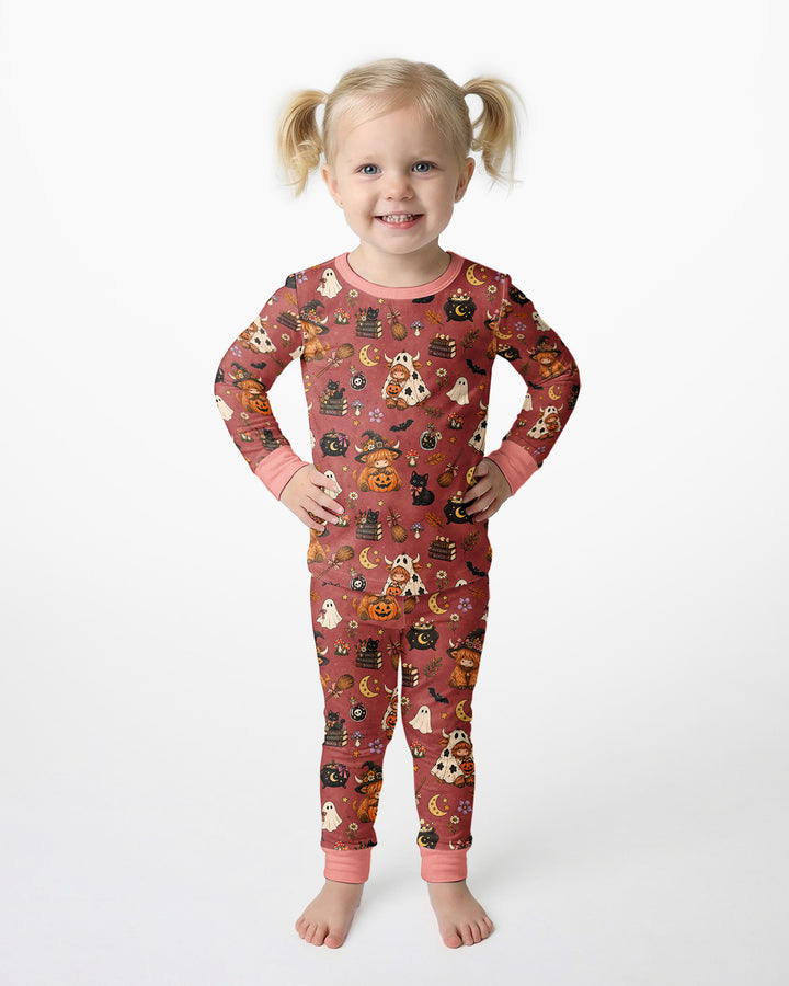Vintage Highland Cow Halloween Bamboo Two Piece Long Sleeve Pajama Set