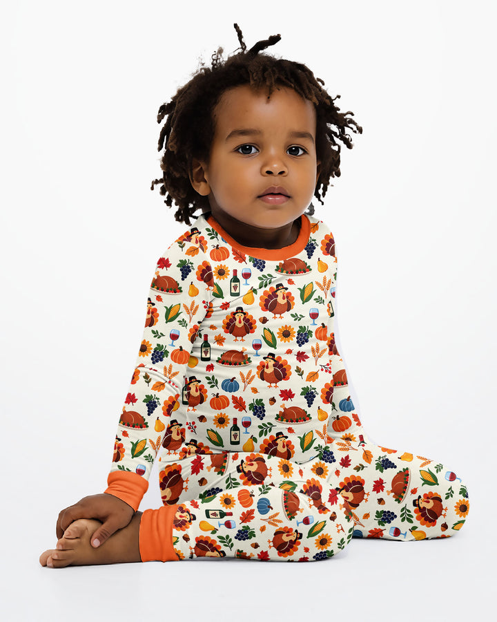Thanksgiving Turkey Wine Harvest Bamboo Two Piece Long Sleeve Pajama Set
