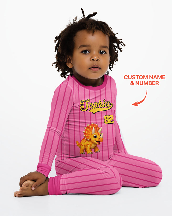 Personalized Retro Stripe Dinosaur T-Rex Bamboo Two Piece Long Sleeve Pajama Set
