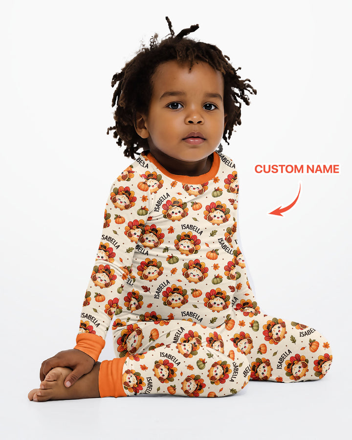 Cute Dumpling Turkey Thanksgiving Bamboo Two Piece Long Sleeve Pajama Set