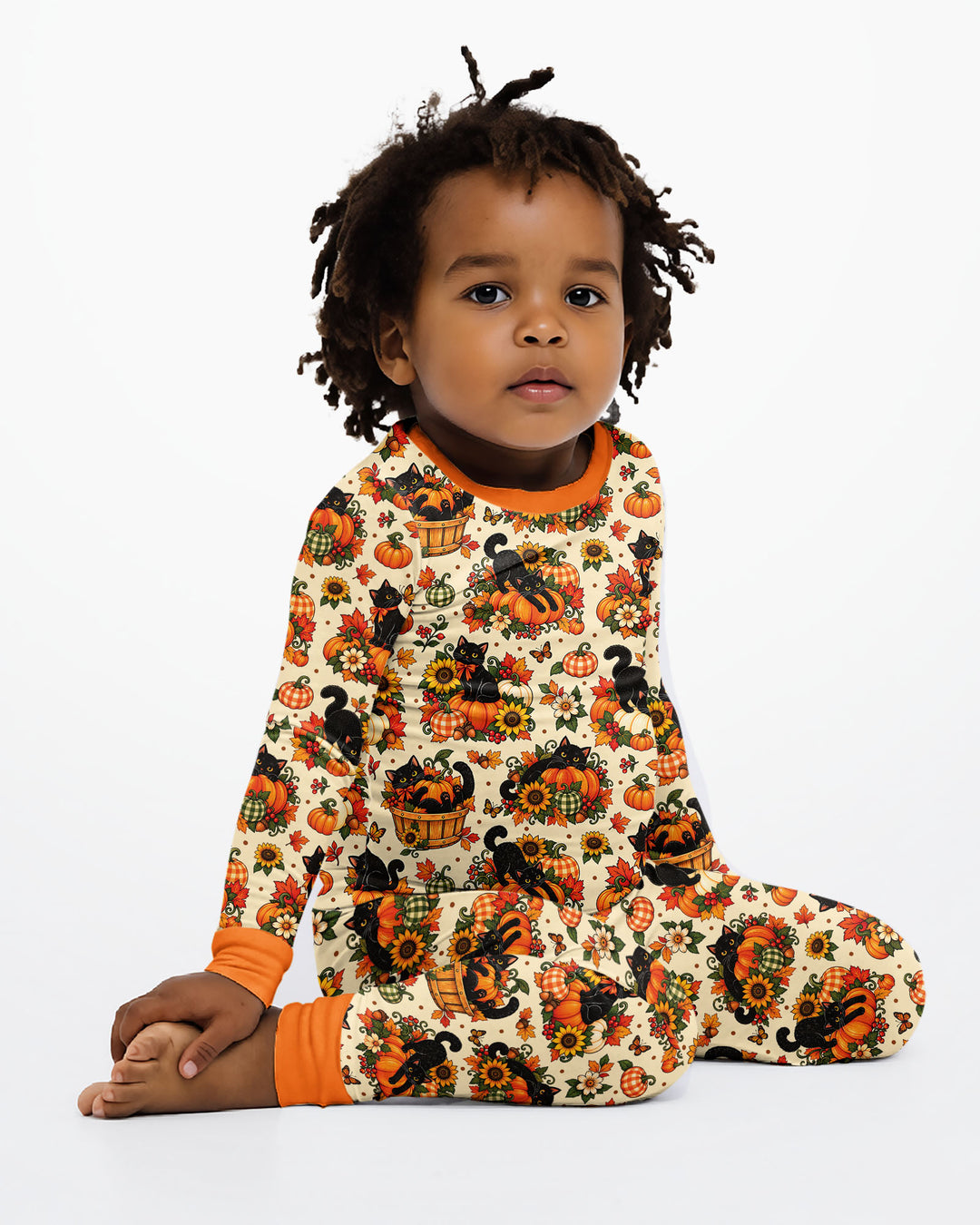 Vintage Black Cat Pumpkin Fall Bamboo Two Piece Long Sleeve Pajama Set