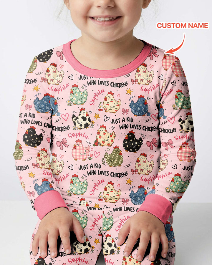 Custom Name Just A Kid Who Loves Chickens Bamboo Two Piece Long Sleeve Pajama Set