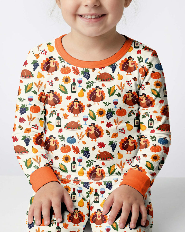 Thanksgiving Turkey Wine Harvest Bamboo Two Piece Long Sleeve Pajama Set
