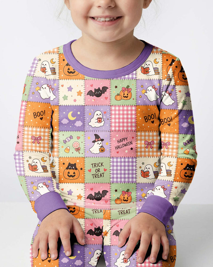 Cute Halloween Trick Or Treat Patchwork Bamboo Two Piece Long Sleeve Pajama Set