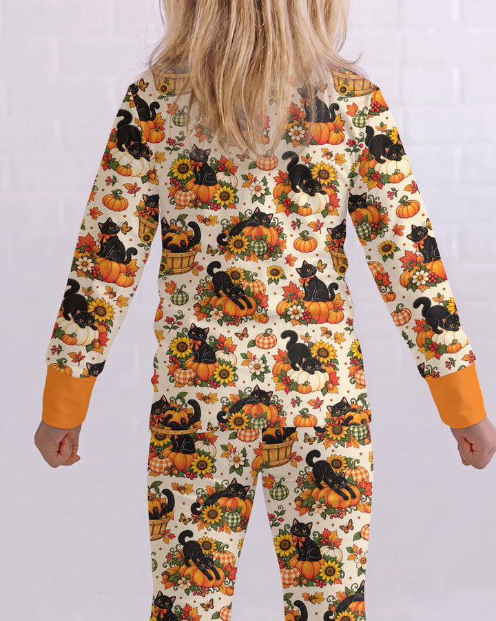 Vintage Black Cat Pumpkin Fall Bamboo Two Piece Long Sleeve Pajama Set