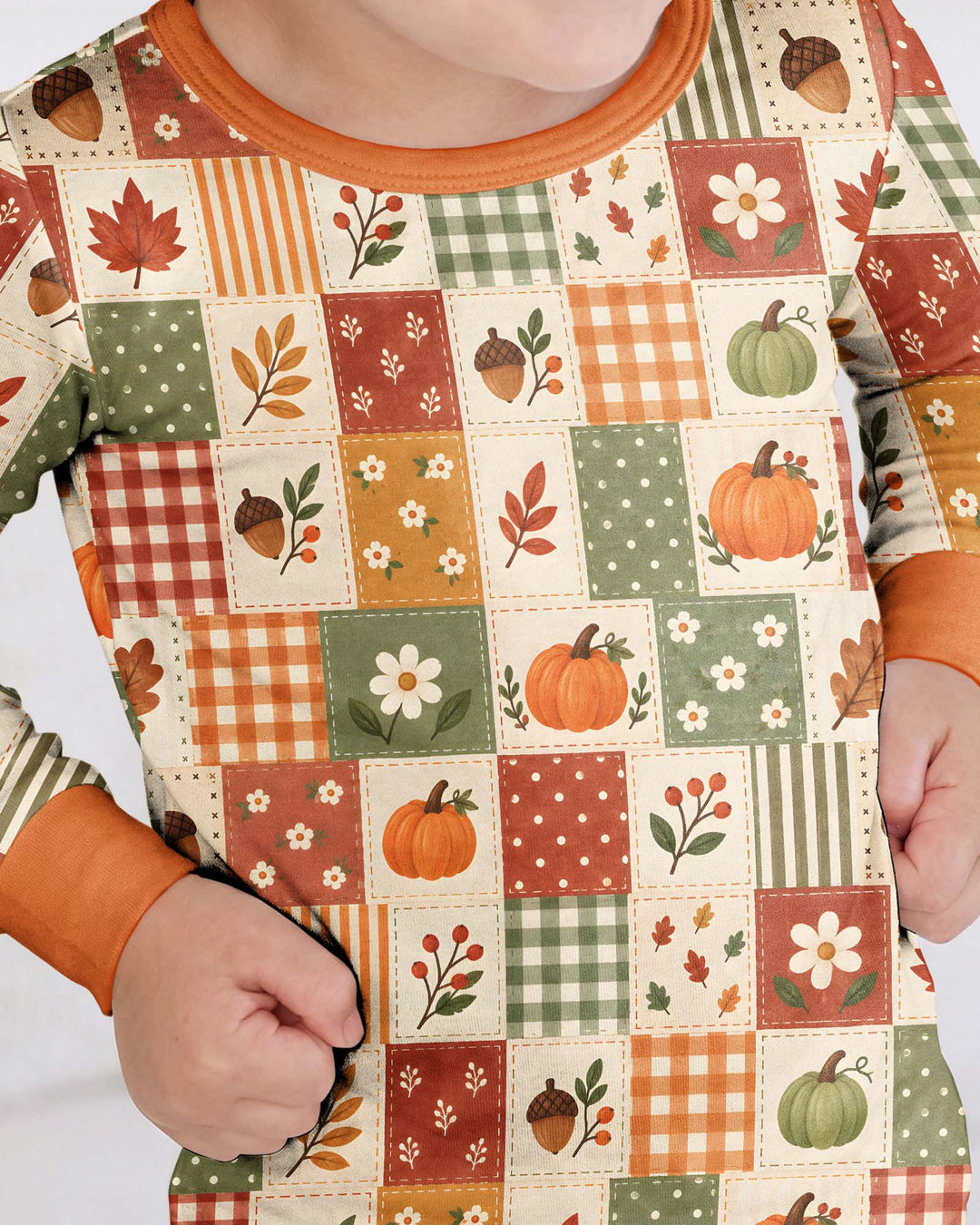 Vintage Fall Gingham Pumpkin Patchwork Bamboo Two Piece Long Sleeve Pajama Set