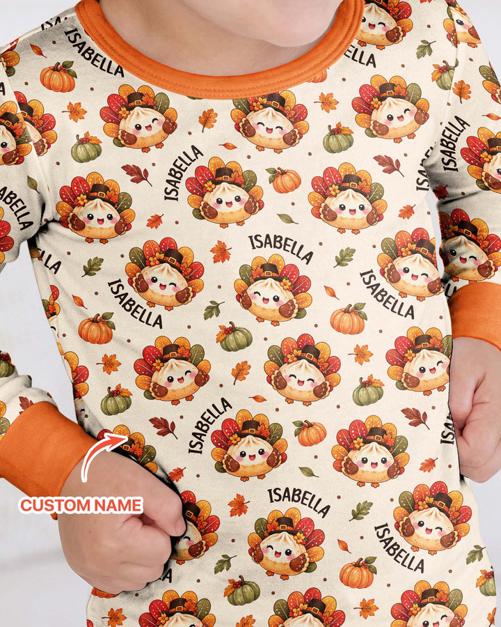 Cute Dumpling Turkey Thanksgiving Bamboo Two Piece Long Sleeve Pajama Set