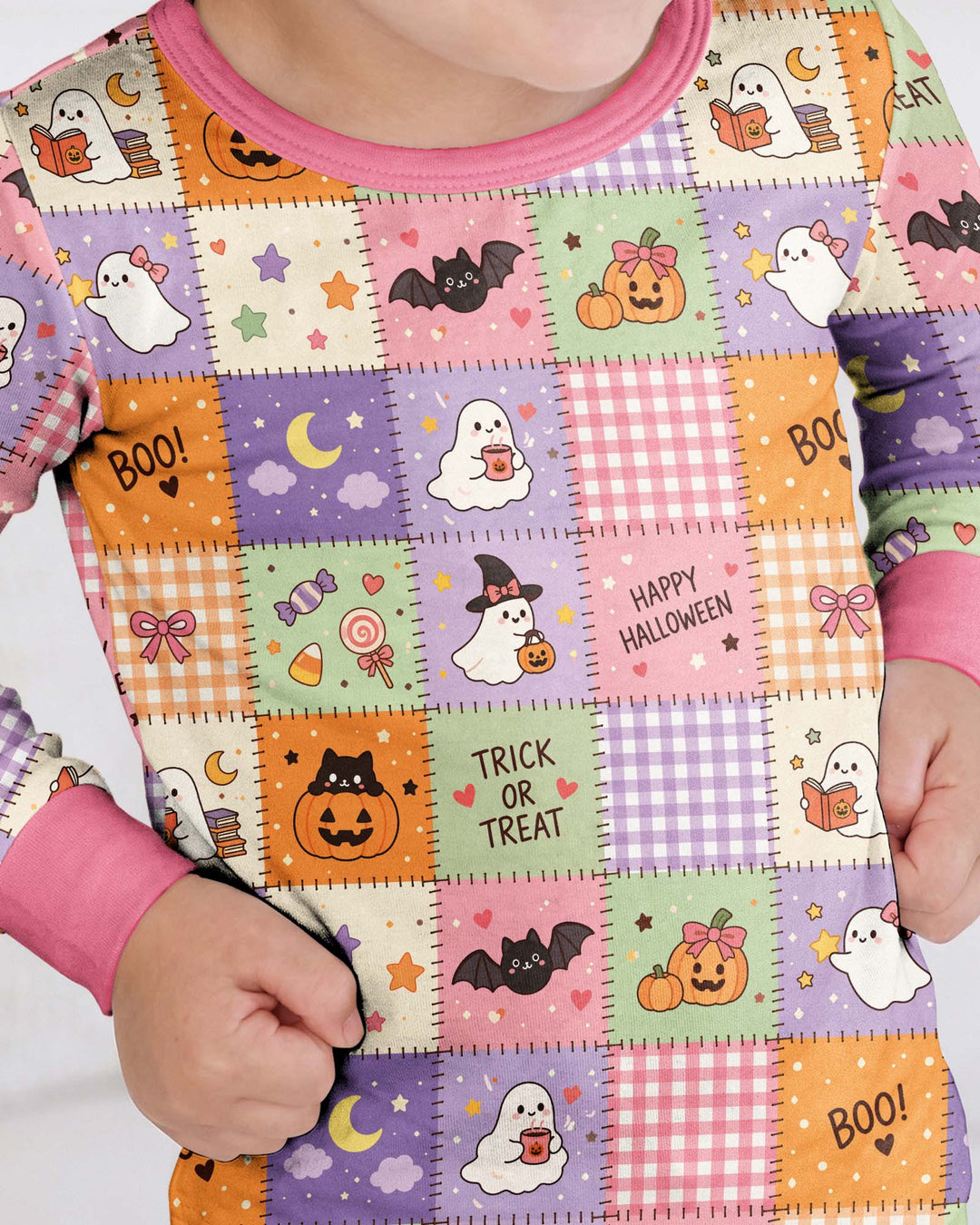 Cute Halloween Trick Or Treat Patchwork Bamboo Two Piece Long Sleeve Pajama Set