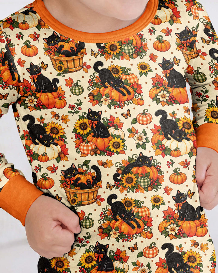 Vintage Black Cat Pumpkin Fall Bamboo Two Piece Long Sleeve Pajama Set
