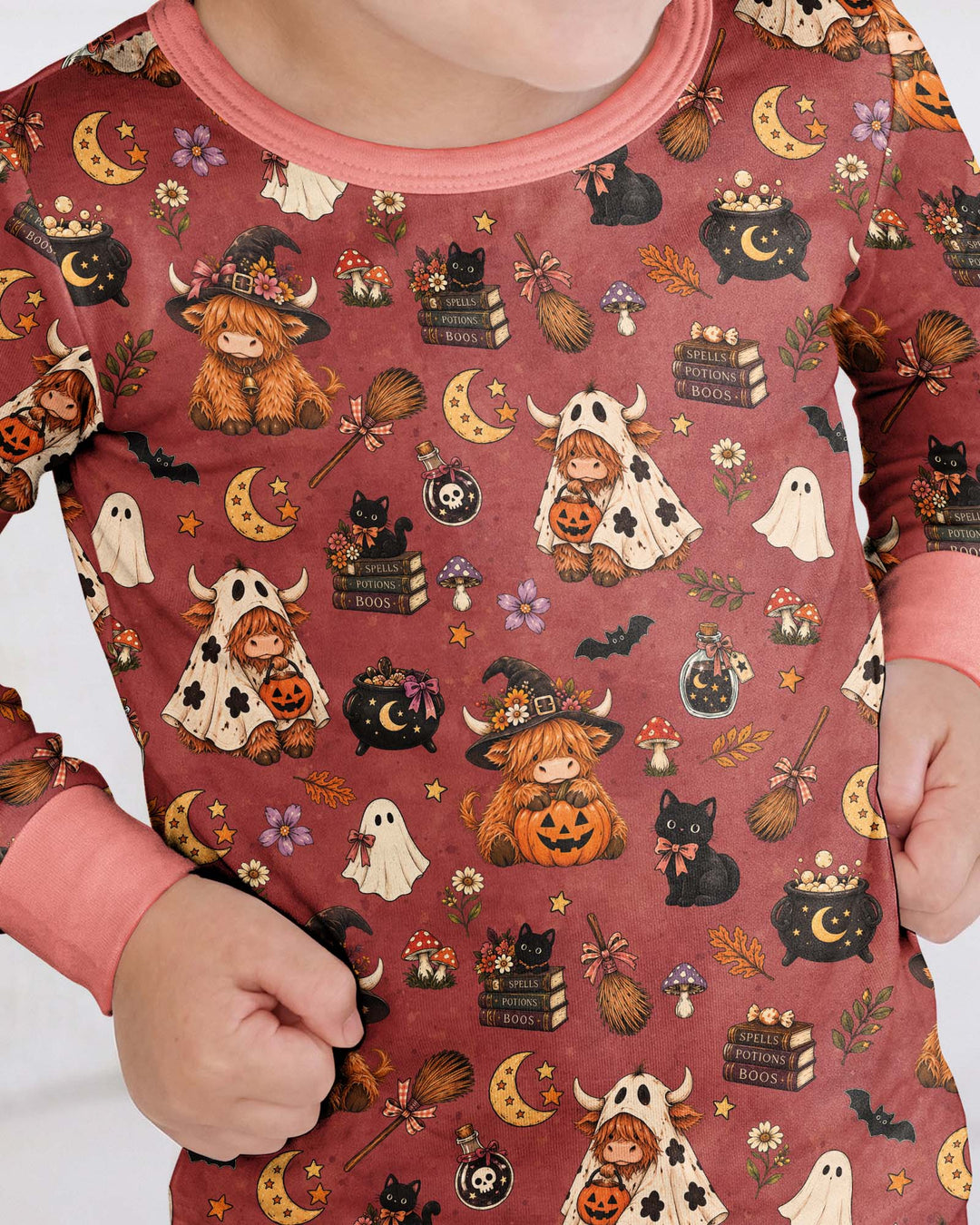 Vintage Highland Cow Halloween Bamboo Two Piece Long Sleeve Pajama Set