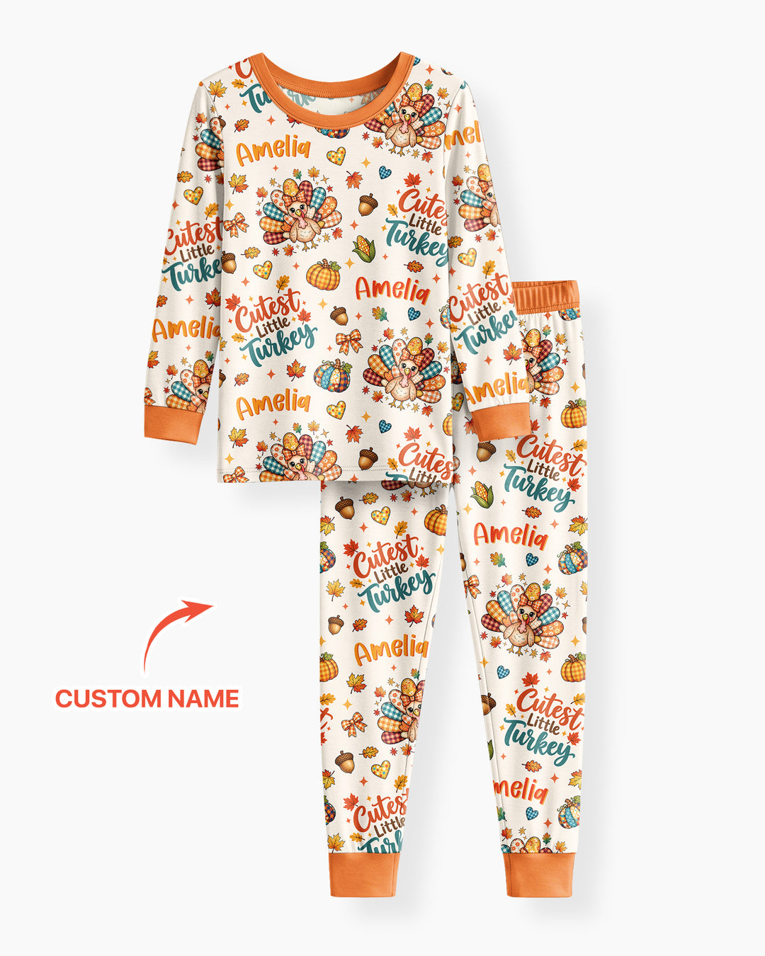 Custom Name Cutest Little Turkey Bamboo Two Piece Long Sleeve Pajama Set