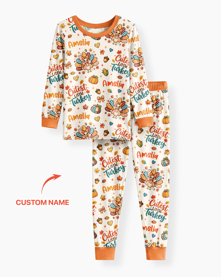 Custom Name Cutest Little Turkey Bamboo Two Piece Long Sleeve Pajama Set