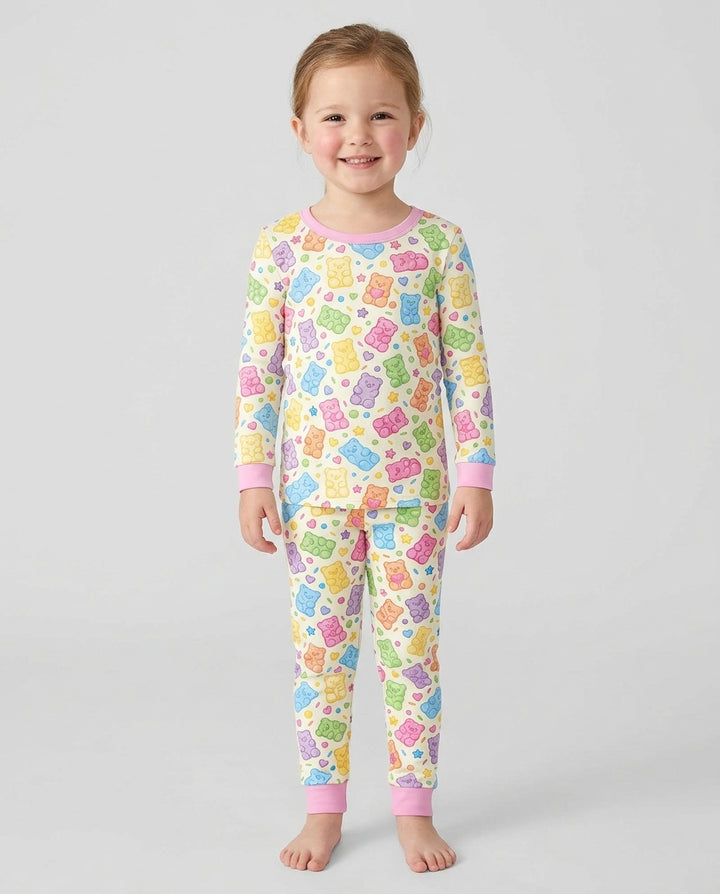 Cute Pastel Colorful Gummy Bears Bamboo Two Piece Long Sleeve Pajama Set