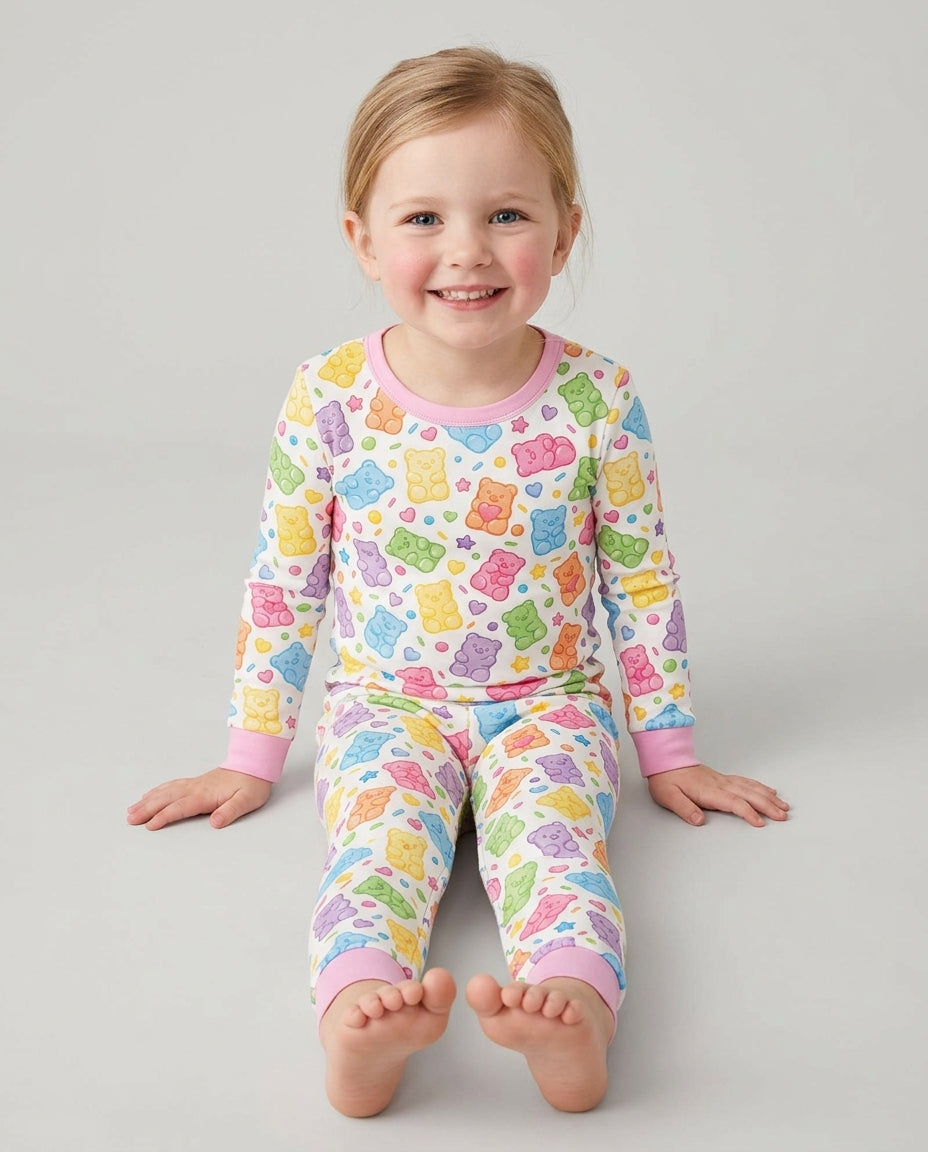 Cute Pastel Colorful Gummy Bears Bamboo Two Piece Long Sleeve Pajama Set