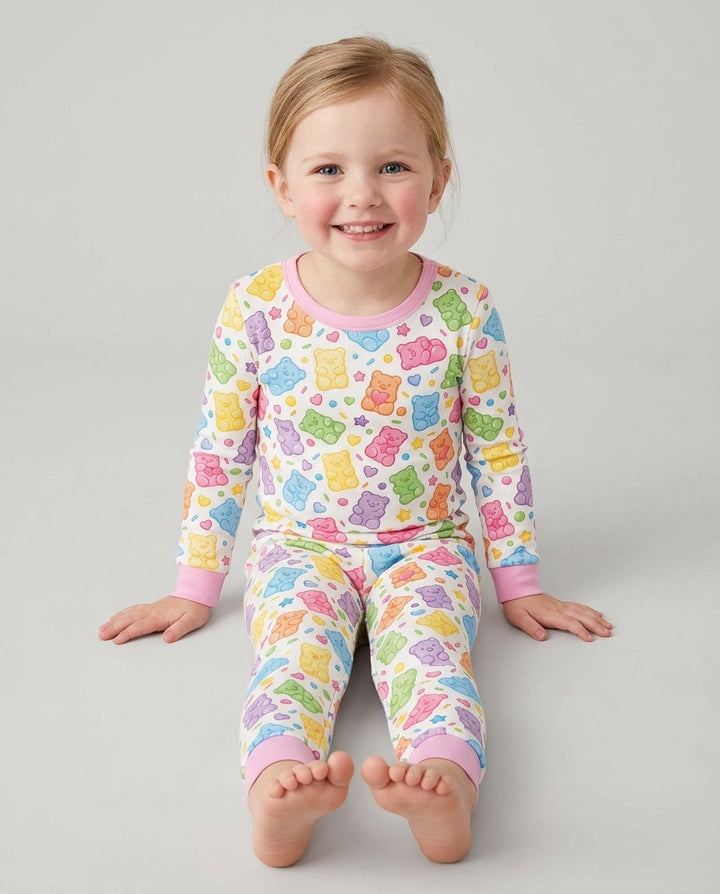 Cute Pastel Colorful Gummy Bears Bamboo Two Piece Long Sleeve Pajama Set