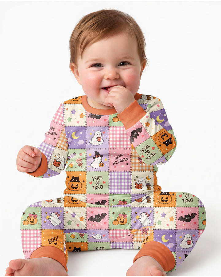 Cute Halloween Trick Or Treat Patchwork Bamboo Two Piece Long Sleeve Pajama Set
