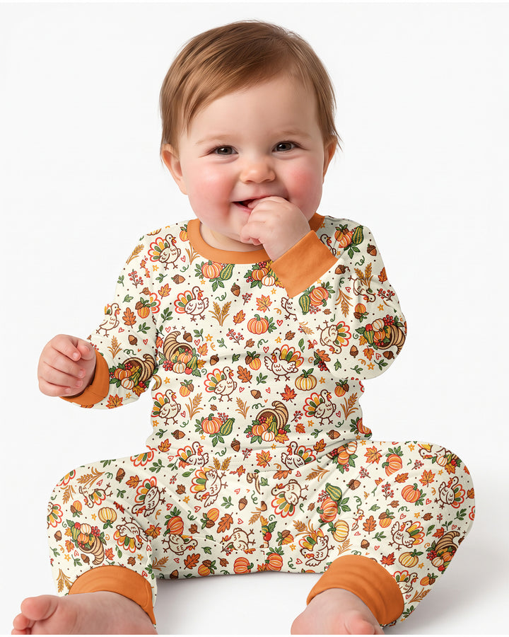 Thanksgiving Turkey Sketch Bamboo Two Piece Long Sleeve Pajama Set