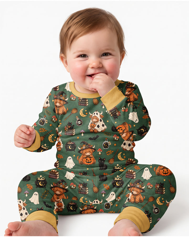Vintage Highland Cow Halloween Bamboo Two Piece Long Sleeve Pajama Set