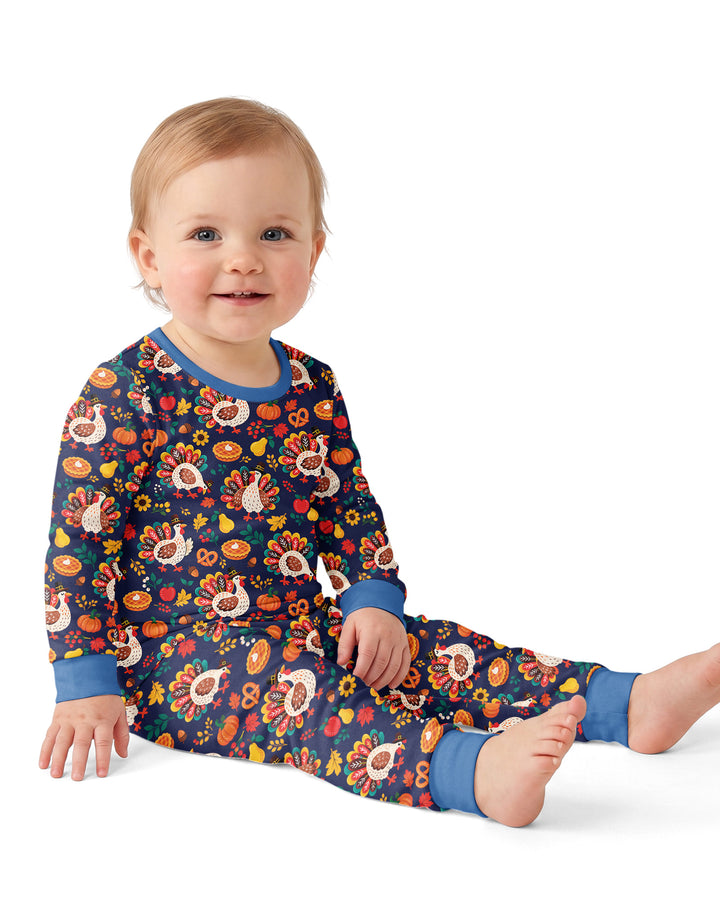 Festive Turkey Fall Harvest Bamboo Two Piece Long Sleeve Pajama Set
