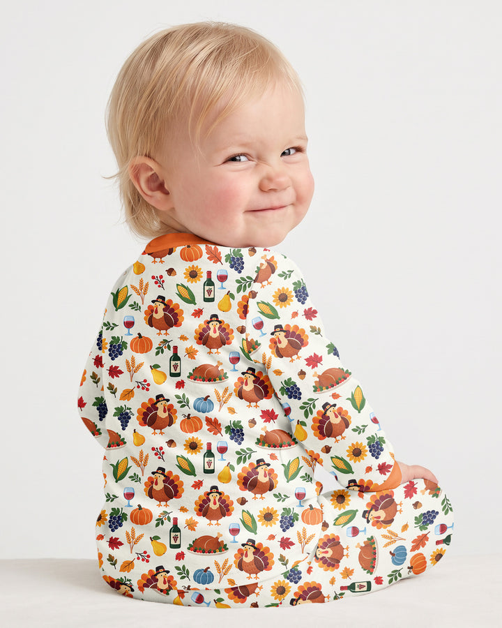 Thanksgiving Turkey Wine Harvest Bamboo Two Piece Long Sleeve Pajama Set