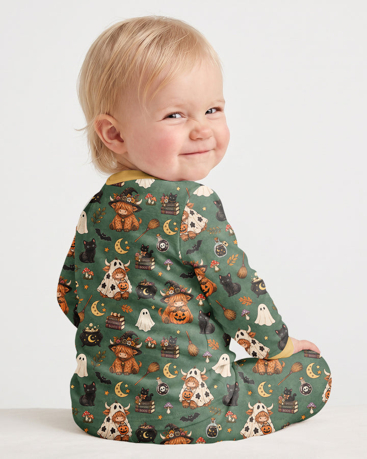 Vintage Highland Cow Halloween Bamboo Two Piece Long Sleeve Pajama Set