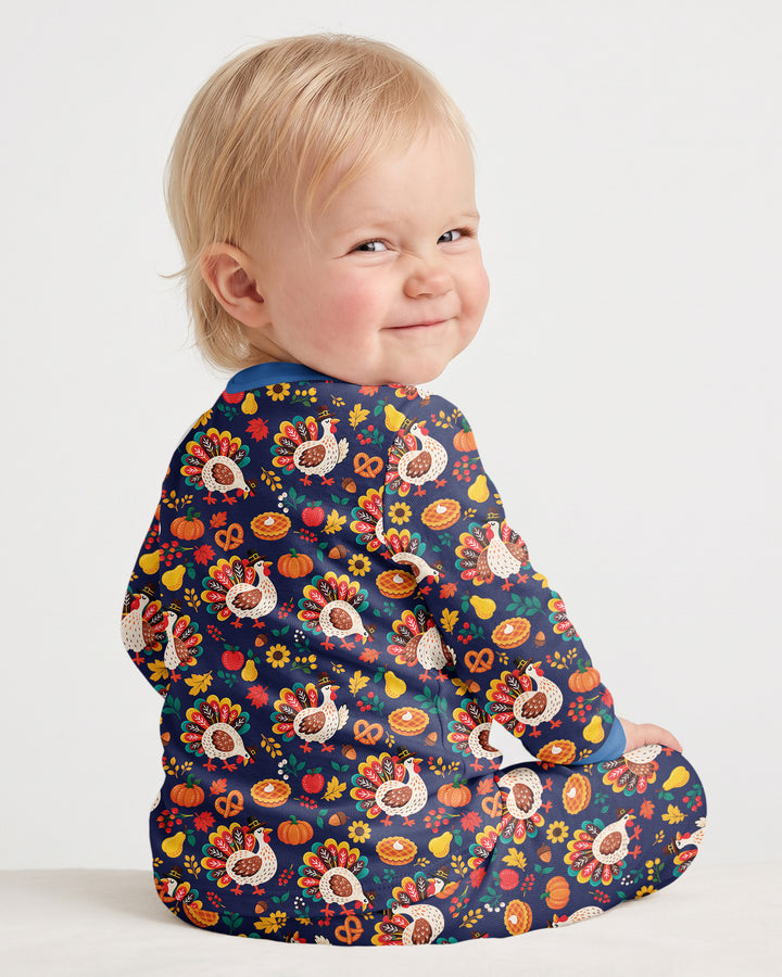 Festive Turkey Fall Harvest Bamboo Two Piece Long Sleeve Pajama Set